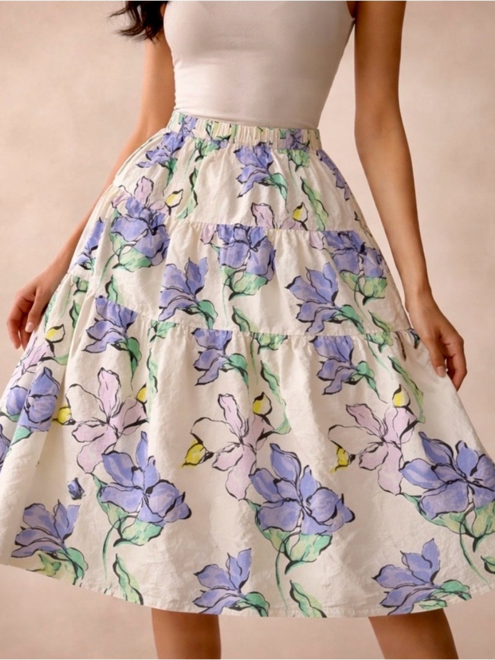 a new day Target Cream Tiered Midi Skirt with Lavender Floral Print